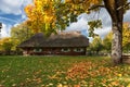 Wooden country house autumn landscape Rumsiskes Lithuania